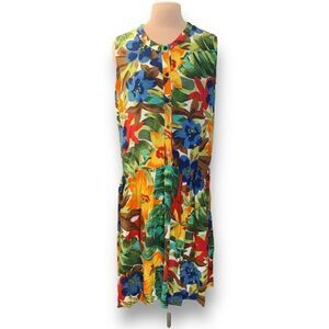Vintage 90s Dress Sleeveless Drop Waist Scoopneck Yellow Tropical Floral Print